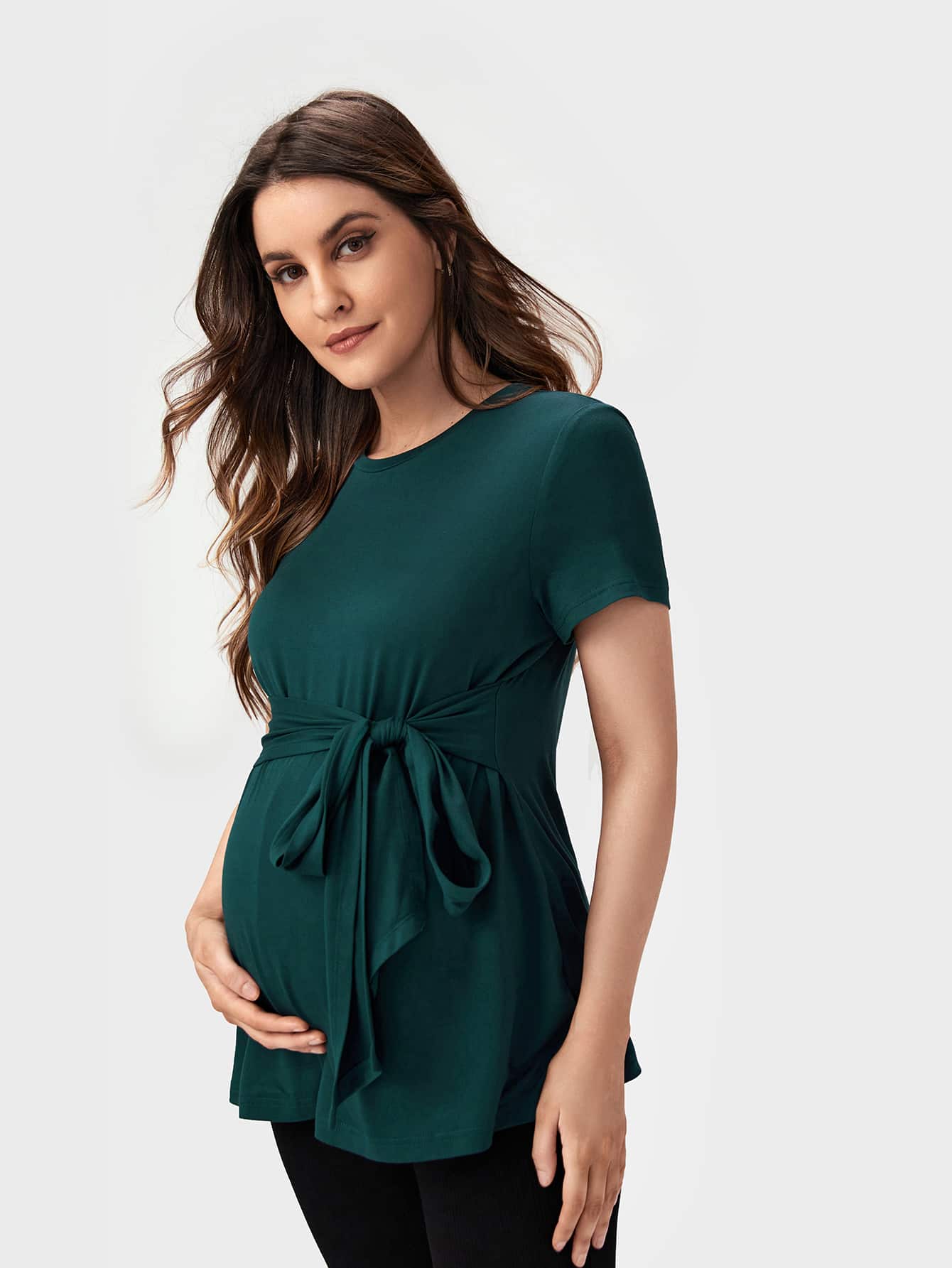 SHEIN 孕婦前繫帶T恤 - 墨綠色 - 查看 1