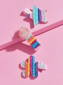 ROMWE Anime 3pcs Star & Pom Pom Decor Hair Clip - Multicolor - View 3