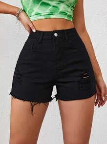 INAWLY Shorts desgarro bajo crudo - Negro - Ver 3