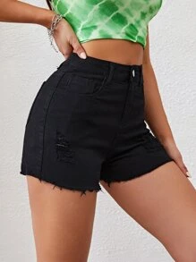 INAWLY Shorts desgarro bajo crudo - Negro - Ver 5