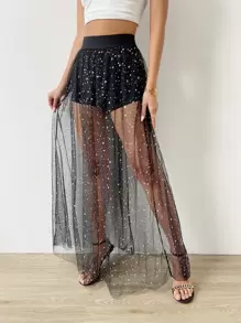SHEIN Unity Star Print Mesh Skirt - Black - View 1