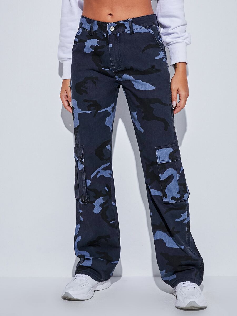 SHEIN Tall 迷彩印花側翻蓋口袋工裝牛仔褲 - 彩色 - 查看 1