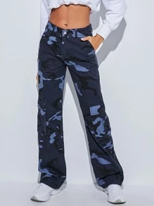 SHEIN Tall 迷彩印花側翻蓋口袋工裝牛仔褲 - 彩色 - 查看 3