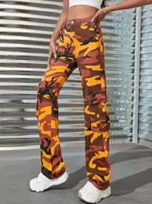 SHEIN Tall 迷彩印花側翻蓋口袋工裝牛仔褲 - 彩色 - 查看 4