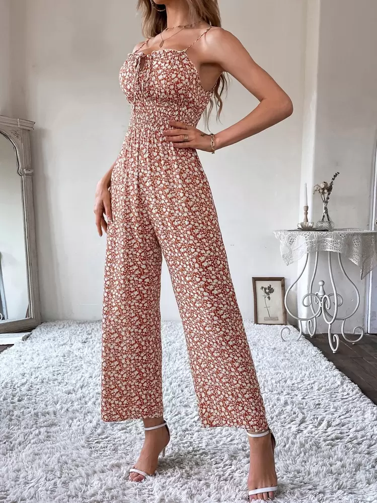 SHEIN Unity Combinaison à fines brides fleuri à nœud froncé - Multicolore - Voir 5