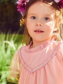 SHEIN Toddler Girls Mock Neck Frill Ruffle Hem Mesh Dress - Coral Pink - View 3