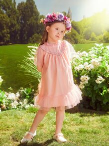 SHEIN Toddler Girls Mock Neck Frill Ruffle Hem Mesh Dress - Coral Pink - View 4