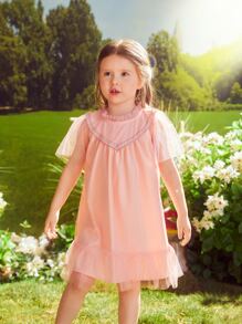SHEIN Toddler Girls Mock Neck Frill Ruffle Hem Mesh Dress - Coral Pink - View 5