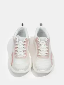 Knit Panel Lace Up Front Running Shoes Tainers - Pink - View 4