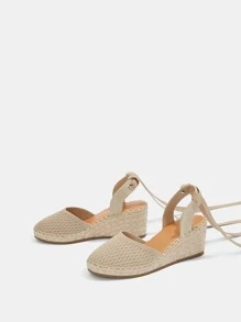 Minimalist Knit Tie Leg Wedge Shoes - Apricot - View 5