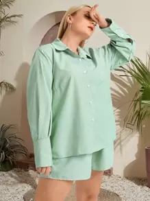 休閒前紐扣條紋大碼兩件套裝