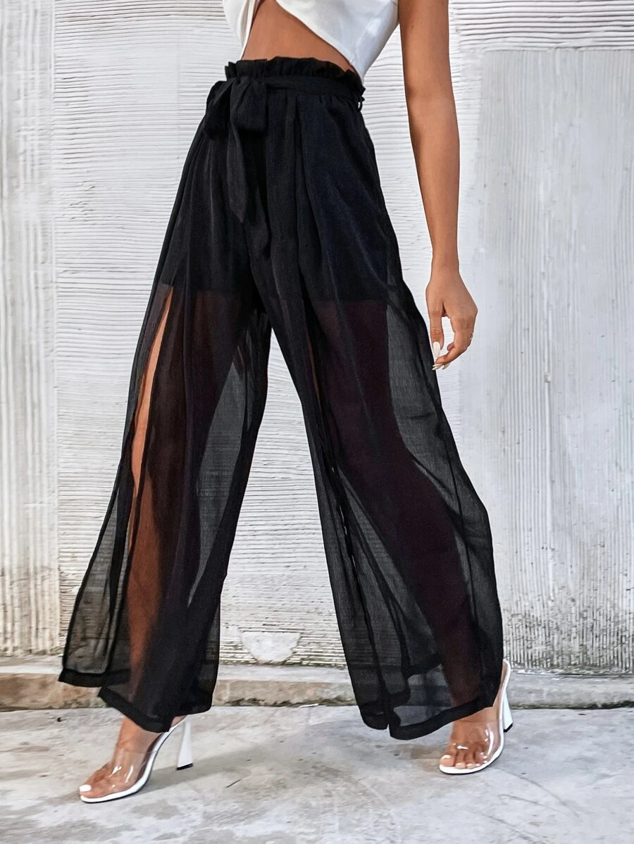 SHEIN Privé Solid Paper Bag Waist Split Thigh Trousers - Black - View 1