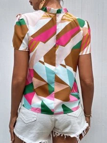 SHEIN LUNE All Over Geo Print Notched Neck Blouse - Multicolor - View 2