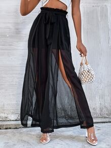 SHEIN Privé Solid Paper Bag Waist Split Thigh Trousers - Black - View 3