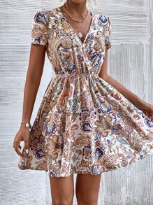 SHEIN Frenchy Paisley & Floral Print Surplice Neck Dress - Multicolor - View 1