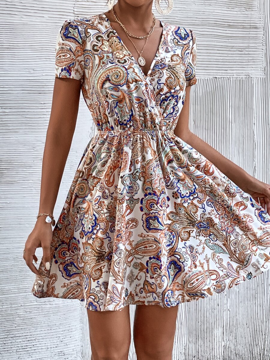 SHEIN Frenchy Paisley & Floral Print Surplice Neck Dress - Multicolor - View 1