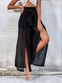 SHEIN Privé Solid Paper Bag Waist Split Thigh Trousers - Black - View 4