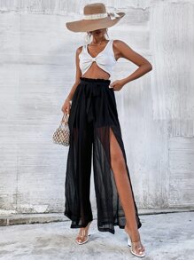 SHEIN Privé Solid Paper Bag Waist Split Thigh Trousers - Black - View 6