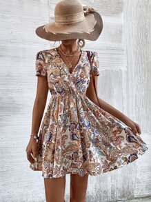 SHEIN Frenchy Paisley & Floral Print Surplice Neck Dress - Multicolor - View 4