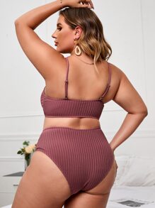SHEIN Swim Curve Plus Size Ribbed Knit Bikini Set O-Ring Linked Bra Top & High Waisted Bottom 2 Pieces Bikini Summer Beach - Redwood - View 2