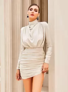 LOVE&LEMONADE 堆堆領褶邊緊身連衣裙 - 杏色 - 查看 1