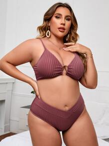 SHEIN Swim Curve Plus Size Ribbed Knit Bikini Set O-Ring Linked Bra Top & High Waisted Bottom 2 Pieces Bikini Summer Beach - Redwood - View 4