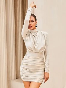 LOVE&LEMONADE 堆堆領褶邊緊身連衣裙 - 杏色 - 查看 4