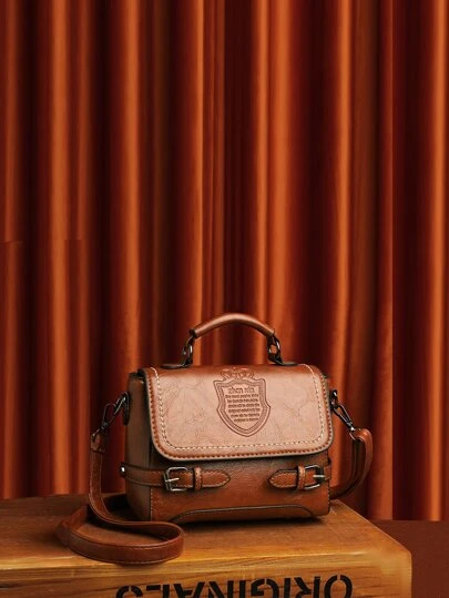 防水、輕盈、商務休閒迷你扣環細節字母圖案翻蓋方形包復古適合青少年女孩女大學生、菜鳥和白領完美適合辦公室、大學、工作、商務、通勤