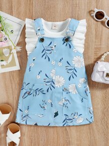 小女童荷葉邊背心上衣和印花背帶裙 - 藍白色 - 查看 1