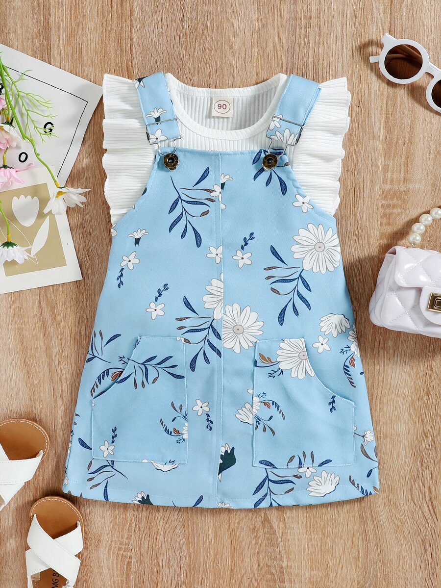 小女童荷葉邊背心上衣和印花背帶裙 - 藍白色 - 查看 1