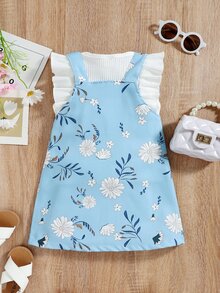 小女童荷葉邊背心上衣和印花背帶裙 - 藍白色 - 查看 2