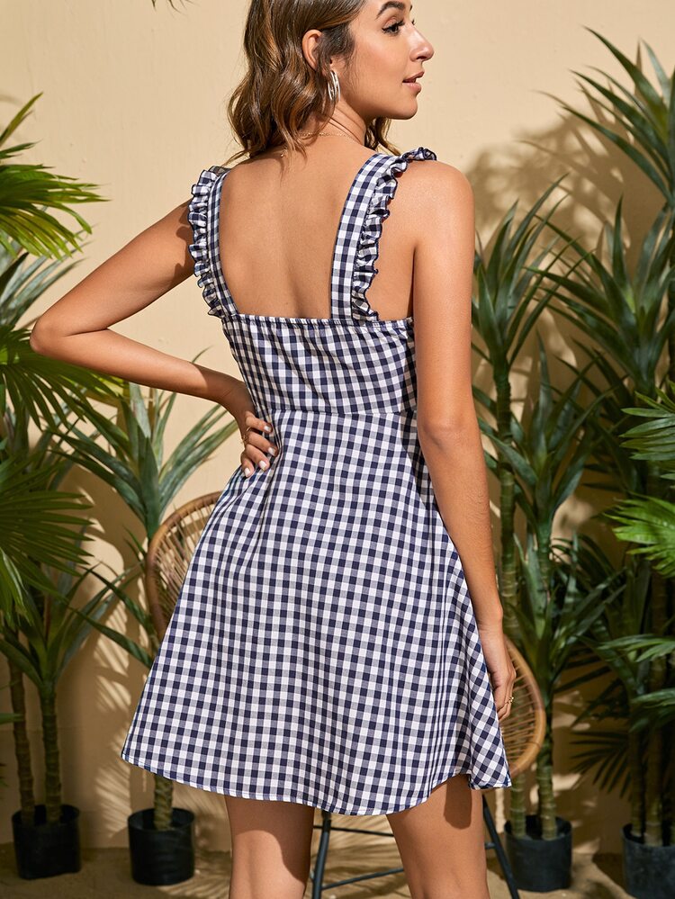 SHEIN Gingham Tie Front Frill Trim Cami Dress - Multicolor - View 2