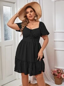 SHEIN Holidaya Plus Swiss Dot Ruffle Hem Dress - Black - View 4