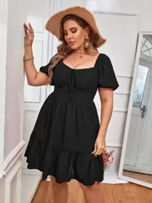 SHEIN Holidaya Plus Swiss Dot Ruffle Hem Dress - Black - View 5