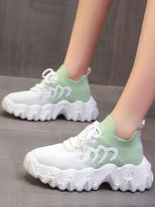 Two Tone Lace-up Front Chunky Sneakers - Multicolor - View 4