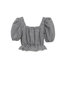 Plaid Puff Sleeve Drawstring Ruffle Hem Crop Blouse - Black and White - View 2
