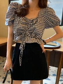 Plaid Puff Sleeve Drawstring Ruffle Hem Crop Blouse - Black and White - View 3