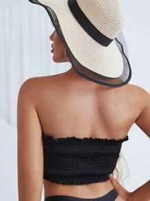 SHEIN Swim Summer Beach Smocked Frill Trim Knot Front Bandeau Bikini Top - Black - View 2