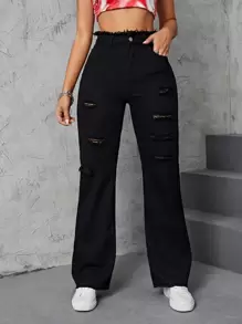 INAWLY Quần nữ Túi Hem thô Bị tách màu trơn Giải trí - màu đen - Xem 1