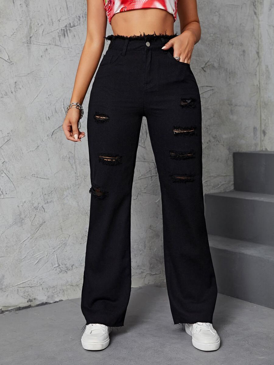 INAWLY Quần nữ Túi Hem thô Bị tách màu trơn Giải trí - màu đen - Xem 1