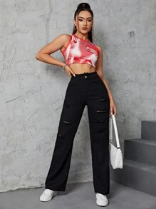 INAWLY Quần nữ Túi Hem thô Bị tách màu trơn Giải trí - màu đen - Xem 3