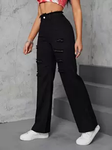 INAWLY Quần nữ Túi Hem thô Bị tách màu trơn Giải trí - màu đen - Xem 4