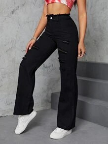 INAWLY Quần nữ Túi Hem thô Bị tách màu trơn Giải trí - màu đen - Xem 5