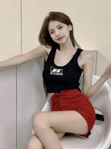 Letter Pattern Crop Knit Tank Top - Black - View 1