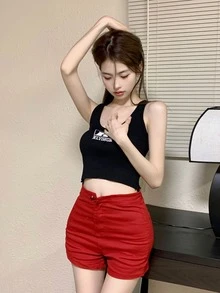 Letter Pattern Crop Knit Tank Top - Black - View 3