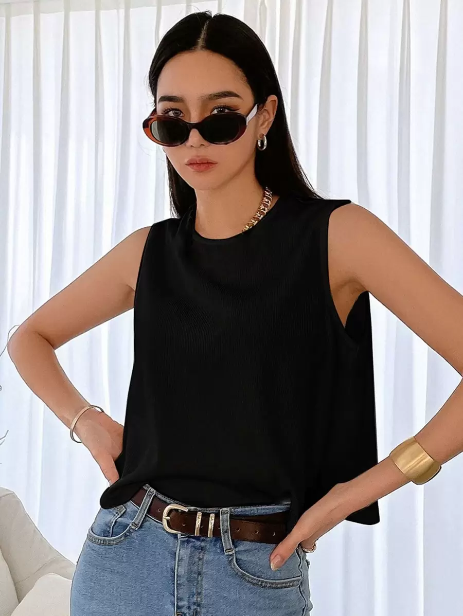 DAZY Solid Rib-Knit Tank Top Summer - Black - View 1