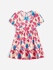Toddler Girls 1pc Floral Print Puff Sleeve Ruffle Hem Dress - Multicolor - View 3