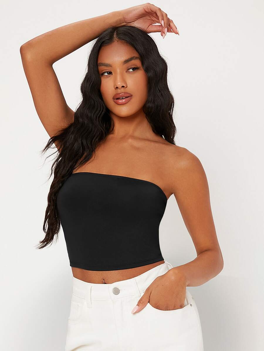 RueChic Solid Crop Tube Top - màu đen - Xem 1