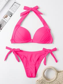SHEIN Swim Summer Beach Knot Back Halter Push Up Bikini - Hot Pink - View 3