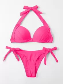 SHEIN Swim Summer Beach Knot Back Halter Push Up Bikini - Hot Pink - View 4